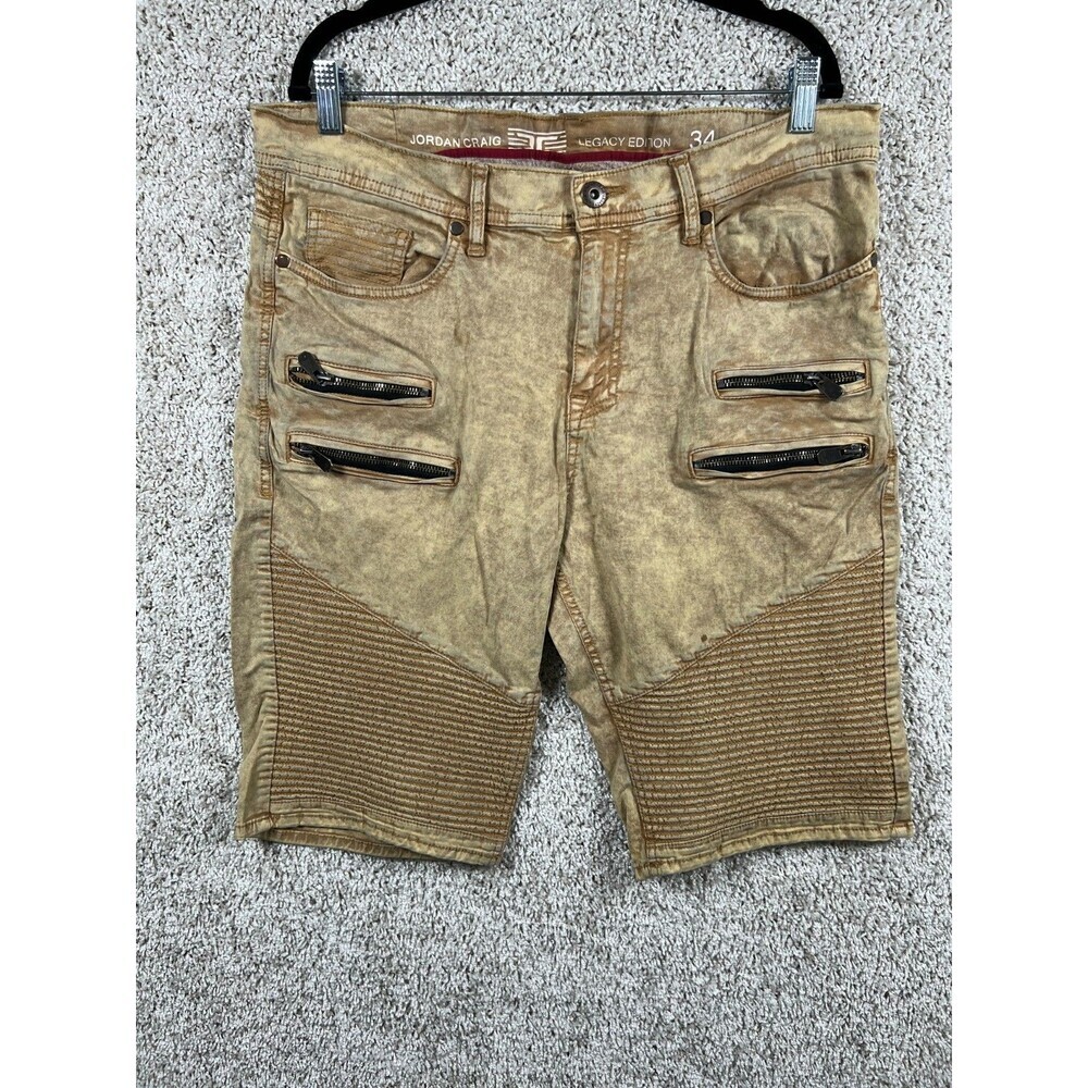 Jordan Craig Moto Denim Shorts Men Size 34 Tan Biker Zip Stretch Streetwear